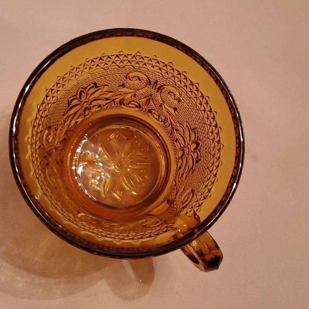 Vintage Tiara Crystal Cup & Saucer Set of 4 Sandwich Pattern Amber Indiana Glass - Picture 8 of 13
